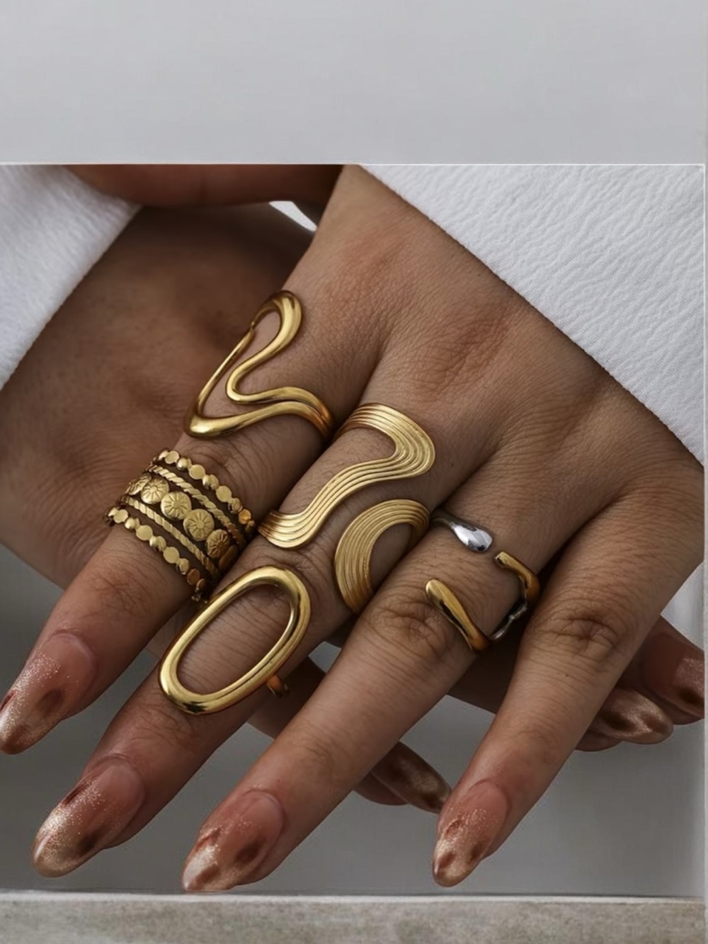Set of 5 Stainless steel Gold Statement Wave Rings Set